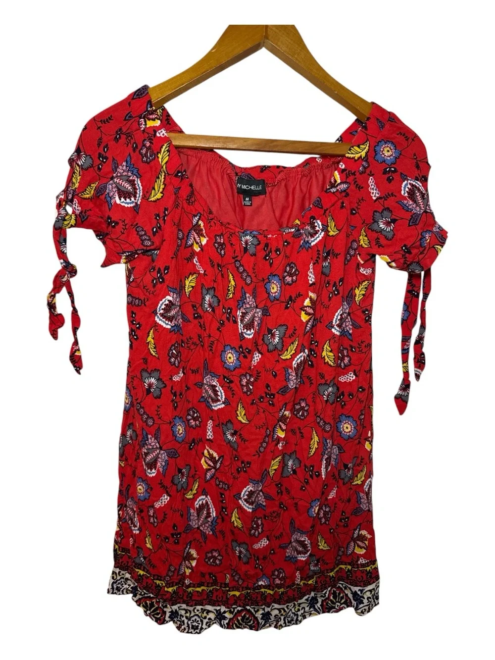 My Michele Floral Off Shoulder Top Tie Sleeve Boho Blouse Size Medium